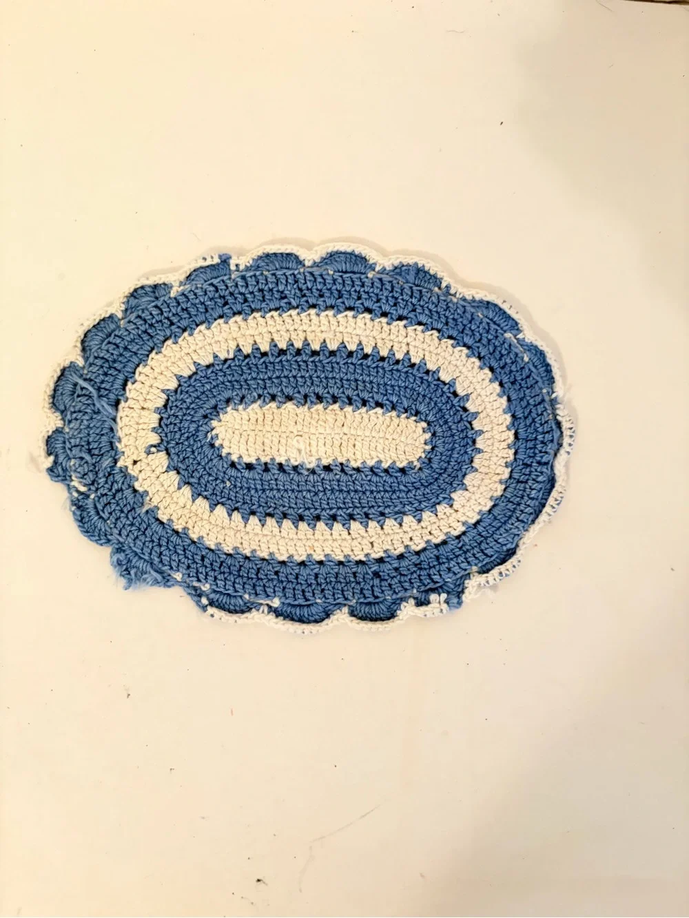 Vintage Set of 2 Hand Crafted Crochet Hot Pad Trivet Pastel Multicolor & Blue